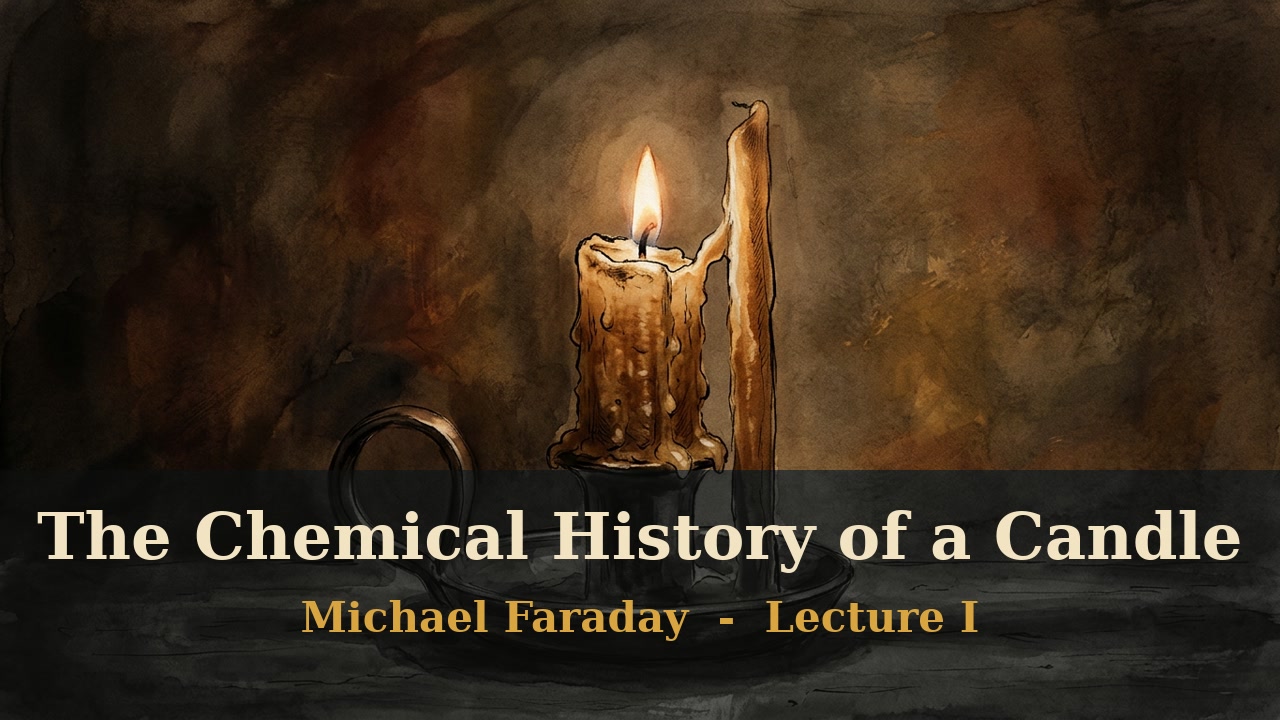 Faraday’s Candle Lectures: a lit candle in a dark room, painted illustration